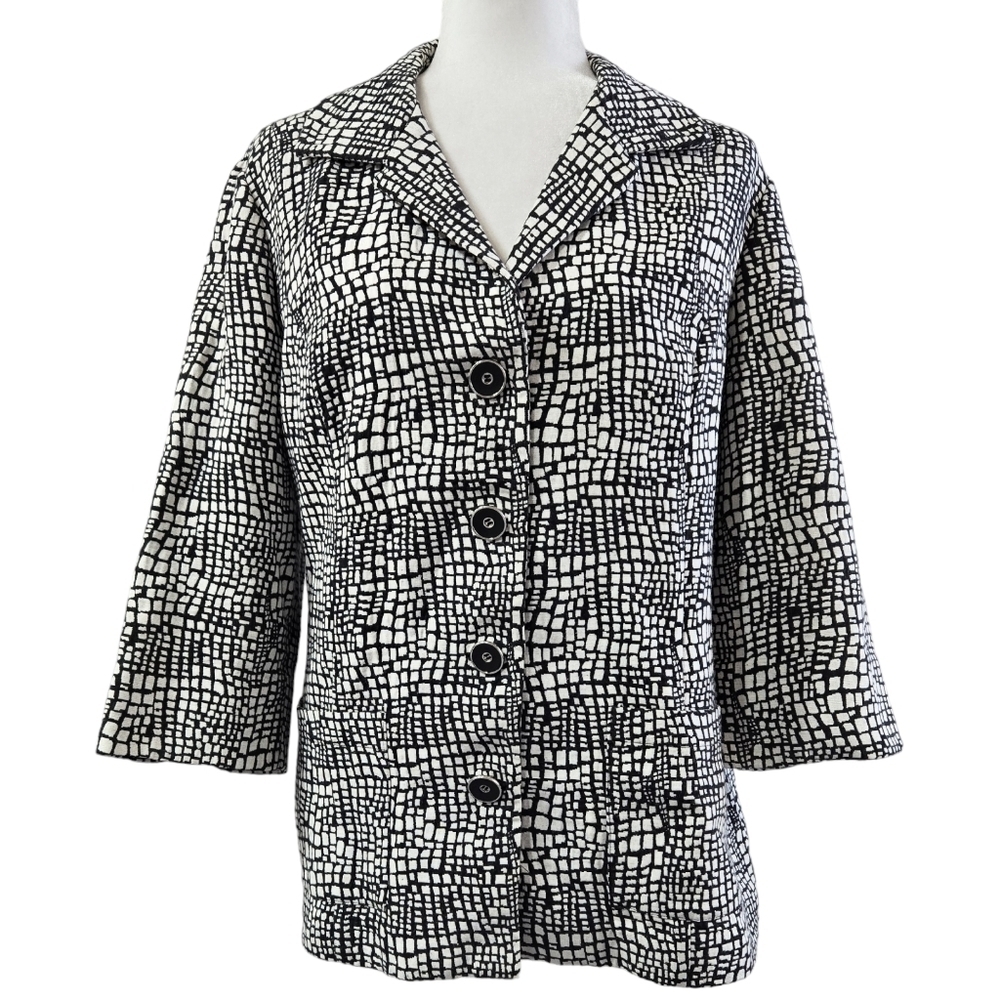 Chico's Black White Abstract Geometric Button-Up Jacket Pockets Office